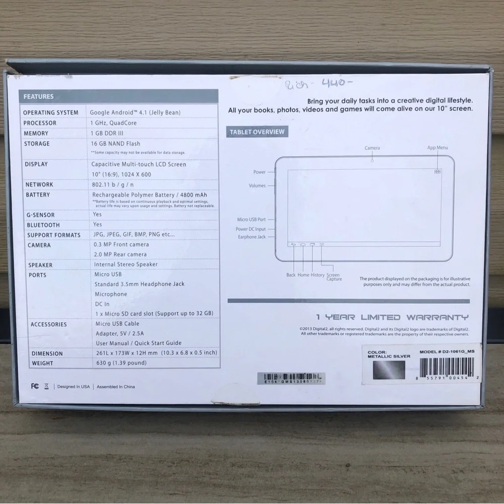 Digital2 10” Pad Platinum Android QuadCore Silver Tablet Model D2-1061G-MS FPOR